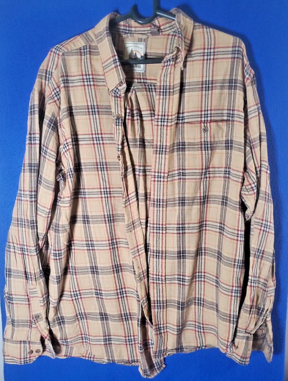 GH Bass Men XL Plaid Button Down Shirt Beige Blue Red Flannel Long Sleeve Check